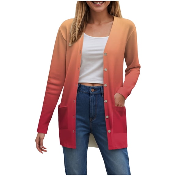 idosla Long Sleeve Cardigan for Women Casual Gradation Pockets Button Down Loose Fall Lightweight Hiking Trendy Jacket (Watermelon Red, S)