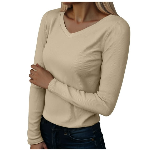 idosla Long Sleeve Shirts for Women V Neck Ribbed Knit Fitted Fall Basic Tshirts Going Out Tops 2025 Casual Trendy Clothes (Beige, XXL)