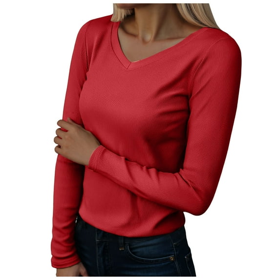 idosla Long Sleeve Shirts for Women V Neck Ribbed Knit Fitted Fall Basic Tshirts Going Out Tops 2025 Casual Trendy Clothes (Red, L)