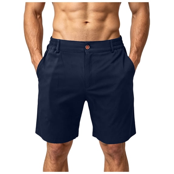 idosla Men's Cotton Chino Shorts Casual Elastic Waist Drawstring 7 Inch Summer Beach Golf Shorts with Pockets (Navy, L)