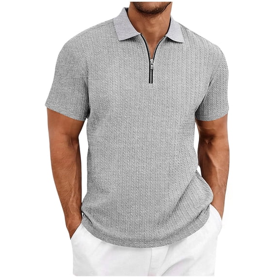 idosla Mens Quarter Zip Polo Shirts Casual Summer Knit Textured Short Sleeve Shirt Beach Vacation Stretchy Golf Shirts (Light Gray, XXL)
