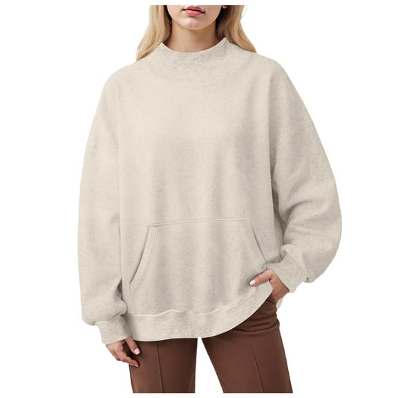idosla Mock Neck Sweatshirt Women Oversized Turtleneck Pullover Long Sleeve Tops Fall Fashion Y2K Outfits With Pockets (Beige, M)