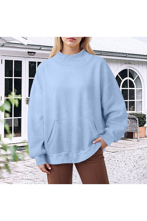 Mock Neck Sweatshirt Women Oversized Turtleneck Pullover Long Sleeve Tops Fall Fashion Y2K Outfits With Pockets (Light Blue, XL)