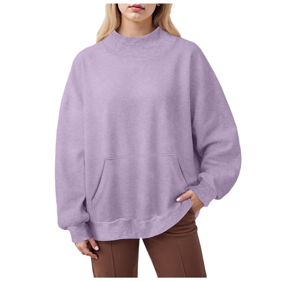 idosla Mock Neck Sweatshirt Women Oversized Turtleneck Pullover Long Sleeve Tops Fall Fashion Y2K Outfits With Pockets (Purple, L)