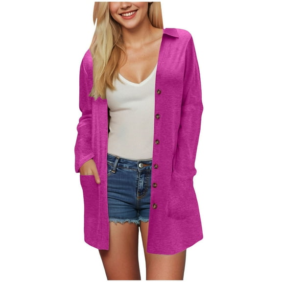 idosla Open Front Cardigan for Women 2025 Summer Long Sleeve Button Down Knit Sweaters Loose Fit Outwear with Pockets (Dark Purple, XL)