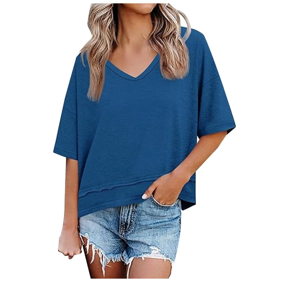idosla Oversized Cropped Tshirts for Women Short Half Sleeve V Neck Tops Summer Flowy Split Hem Basic Tee Shirts (Navy, S)