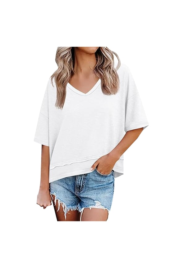 Oversized Cropped Tshirts for Women Short Half Sleeve V Neck Tops Summer Flowy Split Hem Basic Tee Shirts (White, XXL)