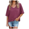 thumbnail image 1 of idosla Oversized Cropped Tshirts for Women Short Half Sleeve V Neck Tops Summer Flowy Split Hem Basic Tee Shirts (Wine, S), 1 of 6