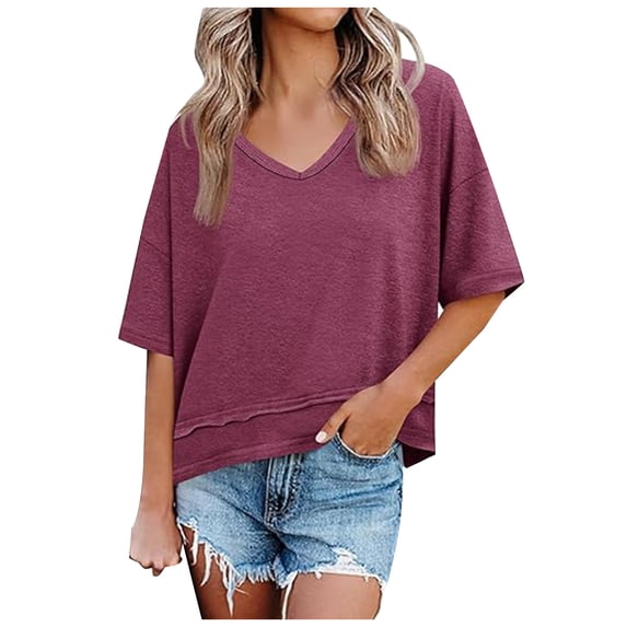 idosla Oversized Cropped Tshirts for Women Short Half Sleeve V Neck Tops Summer Flowy Split Hem Basic Tee Shirts (Wine, S)