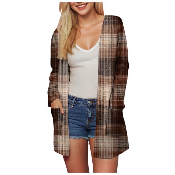 idosla Plaid Cardigan for Women Fall Trendy Open Front Work Sweater Casual Long Sleeve Loose Tops with Pockets (Brown, XXL)