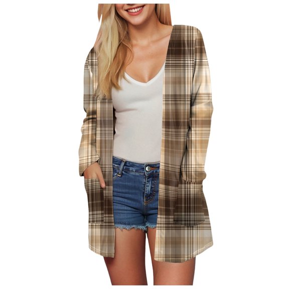 idosla Plaid Cardigan for Women Fall Trendy Open Front Work Sweater Casual Long Sleeve Loose Tops with Pockets (Khaki, XL)