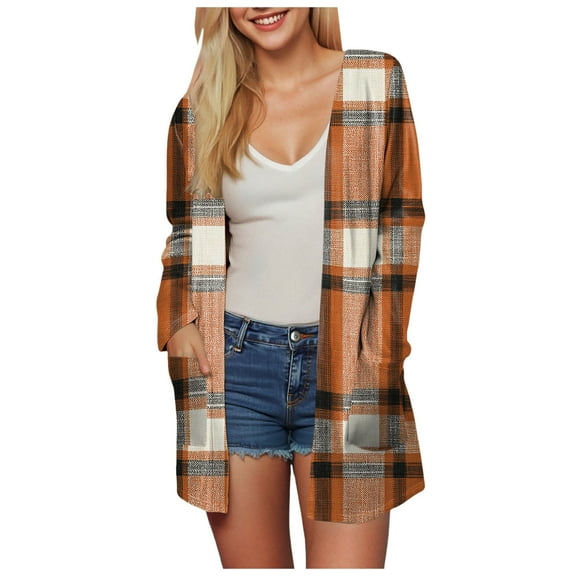idosla Plaid Cardigan for Women Fall Trendy Open Front Work Sweater Casual Long Sleeve Loose Tops with Pockets (Orange, XL)