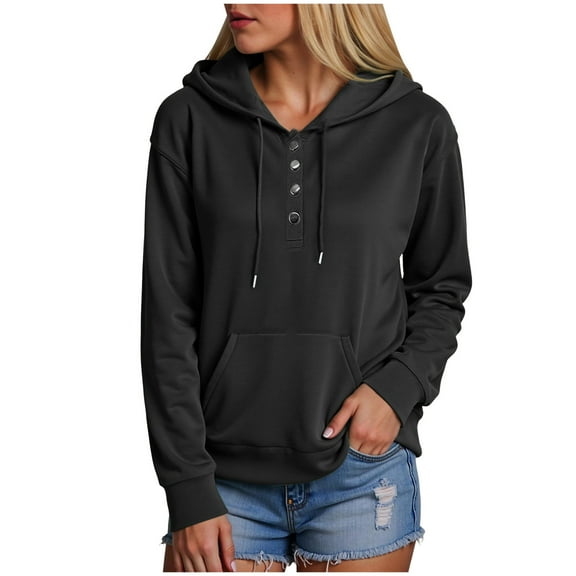 idosla Plus Size Hooded Tops for Women Long Sleeve Button Collar Drawstring Hoodies Pullover Sweatshirts with Pockets (Black, 3XL)