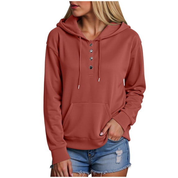 idosla Plus Size Hooded Tops for Women Long Sleeve Button Collar Drawstring Hoodies Pullover Sweatshirts with Pockets (Brown, 3XL)