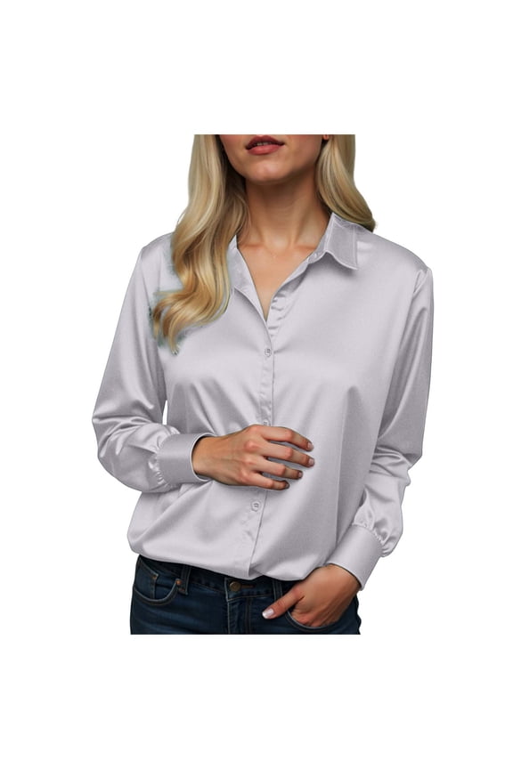 Satin Silk Button Down Shirts for Women Dress Shirts Long Sleeve Blouses Womens Shirts (Grey, XXL)