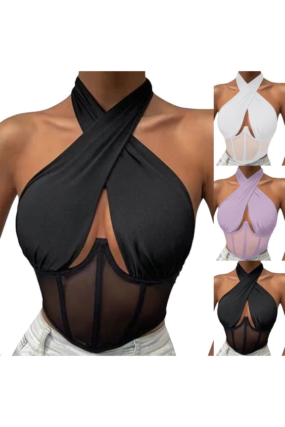 Sexy Cross Strappy Tank Tops for Women Adjustable Halter Neck Crop Top Hollow Out Mesh Splicing Lingerie for Festival Club (Purple, S)