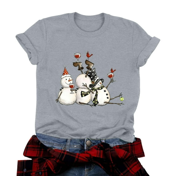 idosla Snowman Cheers T Shirts Women Funny Christmas Snowman Graphic Tees (Grey, L)
