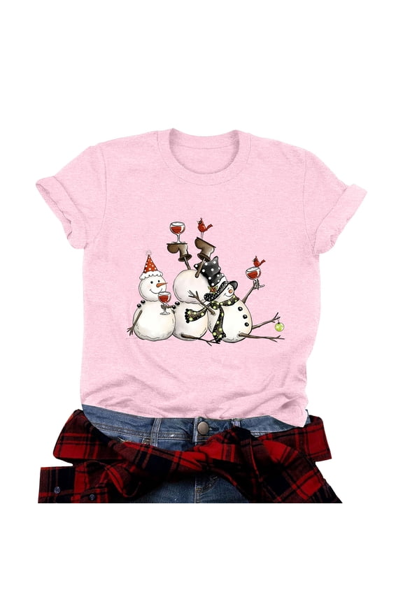 Snowman Wine Cheers T Shirts Women Funny Christmas Snowman Beer Wine Graphic Tees (Pink, XL)