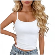 idosla Spaghetti Strap Crop Tank Tops for Women Cute Summer Camisoles for Teens Fitted Basic Layering Cami Undershirts White, One Size
