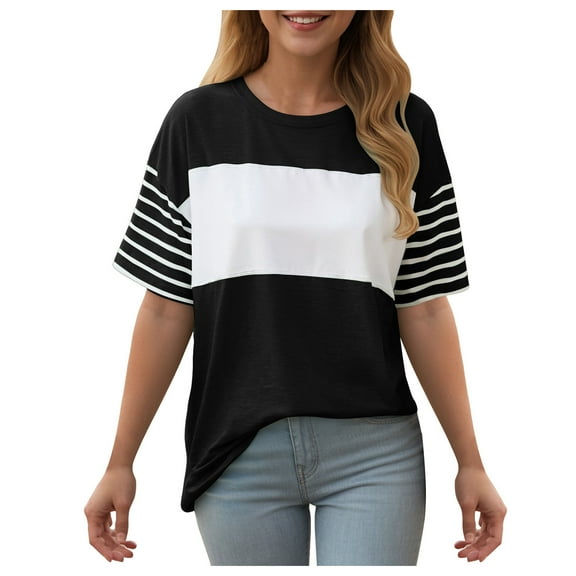 idosla Summer Tops Trendy Oversized 2025 Crewneck Casual Color Block Striped Womens Shirts Blouses (Black, XXL)