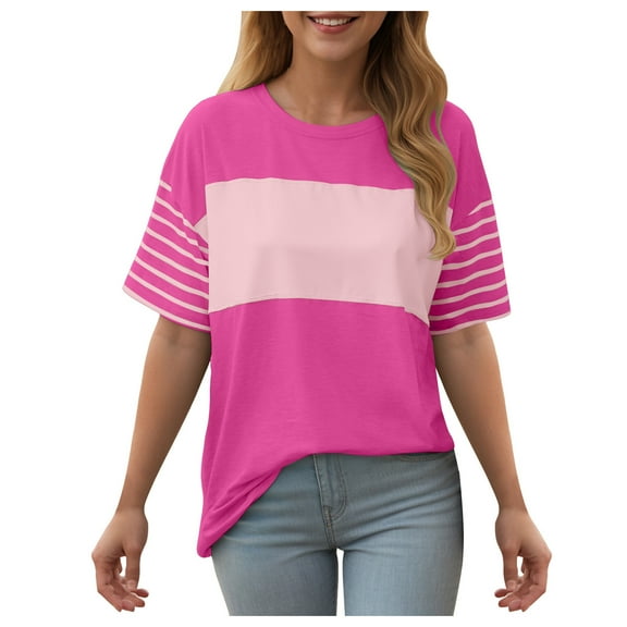 idosla Summer Tops Trendy Oversized 2025 Crewneck Casual Color Block Striped Womens Shirts Blouses (Hot Pink, XXL)