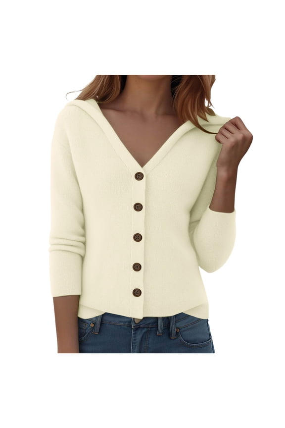 Sweaters for Women Button Up Hoodie Cardigan Solid Color Ribbed Hooded Warm Outerwear Winter Jumpers Sweater (Beige, L)