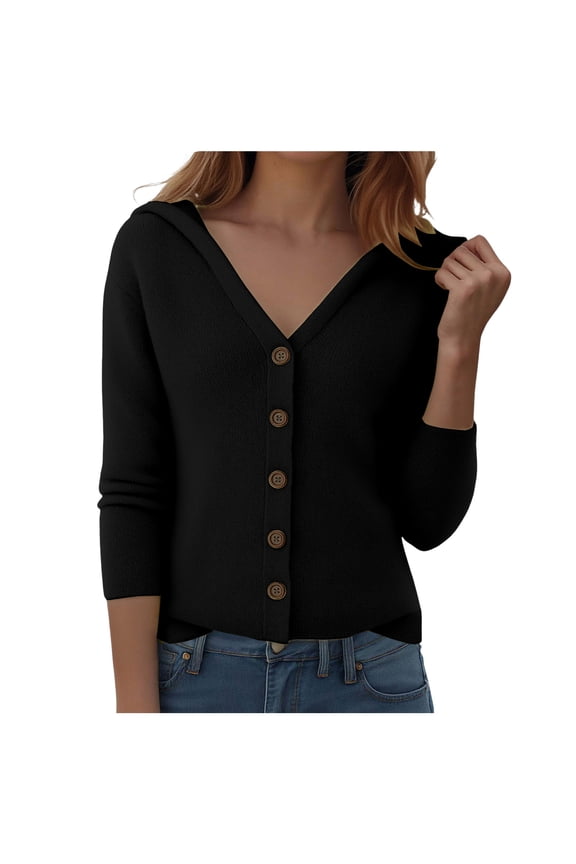 Sweaters for Women Button Up Hoodie Cardigan Solid Color Ribbed Hooded Warm Outerwear Winter Jumpers Sweater (Black, 4XL)
