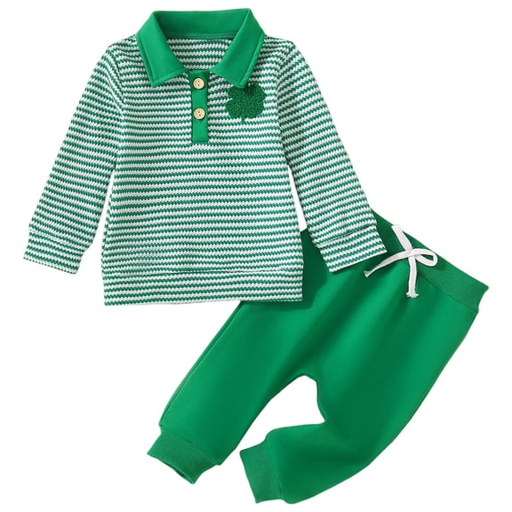 idosla Toddler Baby Boy Irish Outfit Long Sleeve Shamrock Embroidery Striped Sweater Tops with Pants 2Pcs Clothing Set (Green, 3-6 Months)