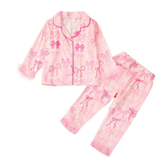 idosla Toddler Baby Girl Satin Pajamas Set Fuzzy Trim Button Down Sleep Shirt Top Pants Bottoms Sleepwear Loungewear Set (Pink, 3-4 Years)