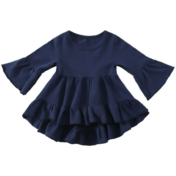 idosla Toddler Girl Casual Solid A-line Twirly Dress Long Sleeve Skater Ruffle Hem Dresses Fall Outfit (Navy, 5-6 Years)