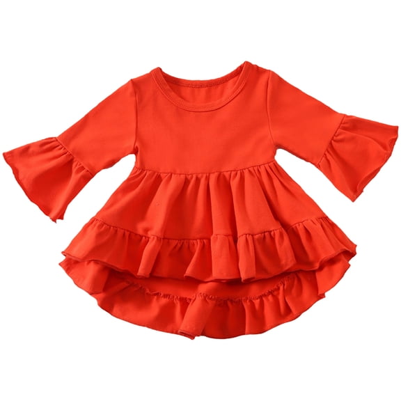 idosla Toddler Girl Casual Solid A-line Twirly Dress Long Sleeve Skater Ruffle Hem Dresses Fall Outfit (Red, 12-18 Months)