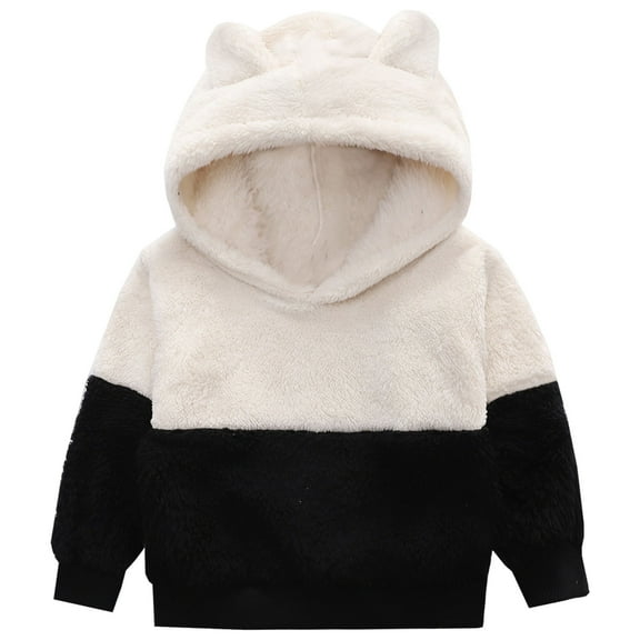 idosla Toddler Little Boys Girls Fleece Hoodie Pullover Sweatshirts Hooded Thick Bear Ears Shape Color Blocking Outfits (White, 2-3 Years)