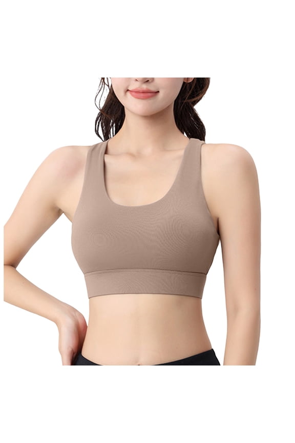 U Back Longline Sports Bras for Women - Scoop Neck Padded Yoga Workout Crop Top with Built in Pads (Beige, S)