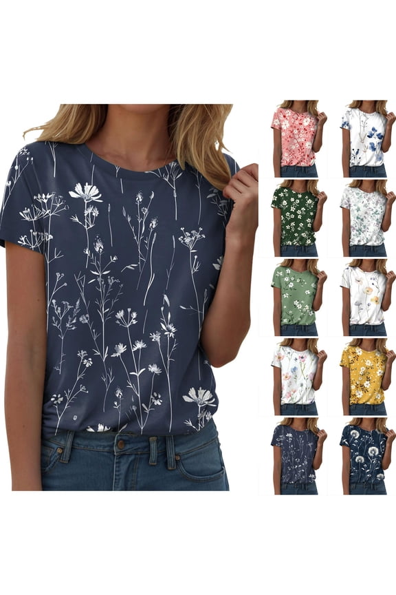 Vintage Boho Floral T Shirt for Women Cute Colorful Wildflowers Graphic Short Sleeve Fashion Girl Botanical Tee Tops (Army Green, S)