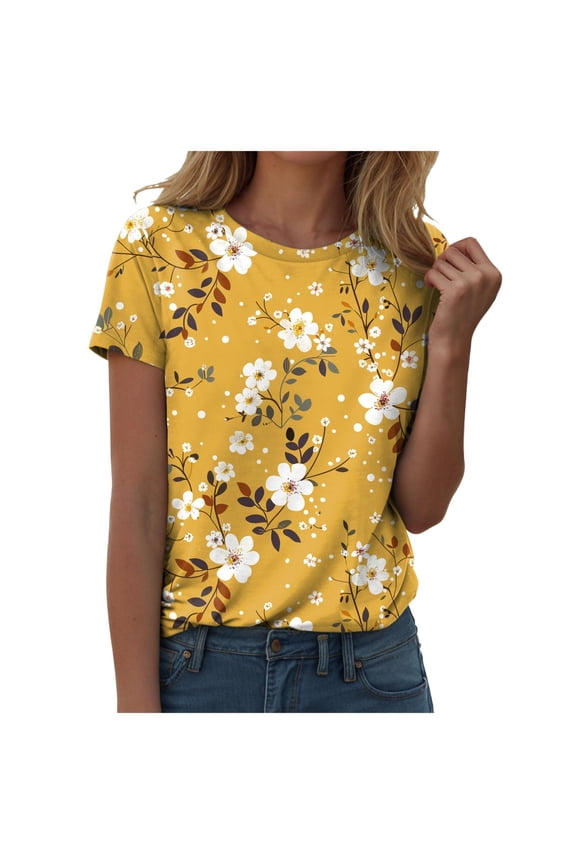 Vintage Boho Floral T Shirt for Women Cute Colorful Wildflowers Graphic Short Sleeve Fashion Girl Botanical Tee Tops (Yellow, S)