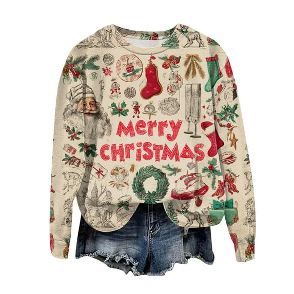 idosla Vintage Christmas Sweatshirts for Women Long Sleeve Vintage Santa Claus Shirts Fashion Christmas Holiday Tops (Light Gray, S)