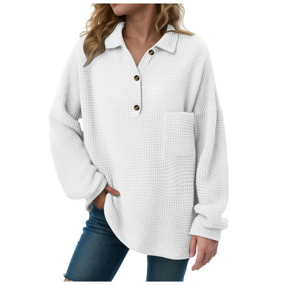 idosla Waffle Knit Tops Women Long Sleeves Business Shirts 2025 Crewneck Basic Sweatshirts Casual Trendy (White, L)