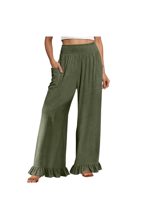 Woman Fashion Ruffle Hem Pant Smocked Elastic High Waist Long Pants for Women Linen Spring Fall Trousers (Army Green, M)