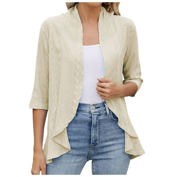 idosla Women Cardigan 3/4 Sleeves Open Front Lightweight Soft Netted Knit Draped Ruffles Cardigan Kimono Cover Ups (Beige, XL)