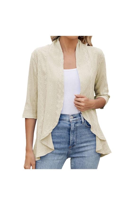 Women Cardigan 3/4 Sleeves Open Front Lightweight Soft Netted Knit Draped Ruffles Cardigan Kimono Cover Ups (Beige, XXL)