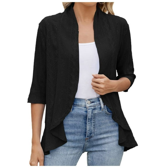 idosla Women Cardigan 3/4 Sleeves Open Front Lightweight Soft Netted Knit Draped Ruffles Cardigan Kimono Cover Ups (Black, M)