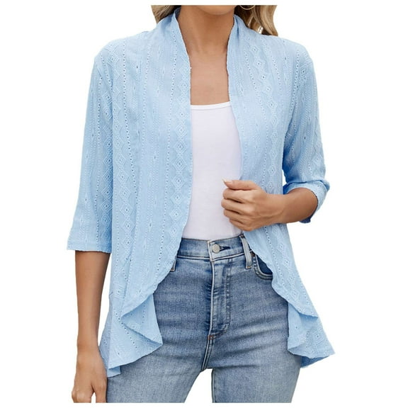 idosla Women Cardigan 3/4 Sleeves Open Front Lightweight Soft Netted Knit Draped Ruffles Cardigan Kimono Cover Ups (Sky Blue, M)