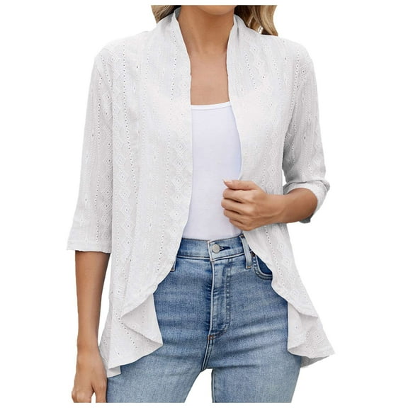 idosla Women Cardigan 3/4 Sleeves Open Front Lightweight Soft Netted Knit Draped Ruffles Cardigan Kimono Cover Ups (White, XXL)