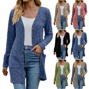 IDOSLA Women Cardigans Open Front Lightweight Button Down Duster Long Cardigan Vertical Stripes Pockets for Casual Fall (Black, L)