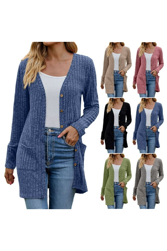 Women Cardigans Open Front Lightweight Button Down Duster Long Cardigan Vertical Stripes Pockets for Casual Fall (Black, L)