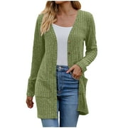 IDOSLA Women Cardigans Open Front Lightweight Button Down Duster Long Cardigan Vertical Stripes Pockets for Casual Fall (Green, XL)