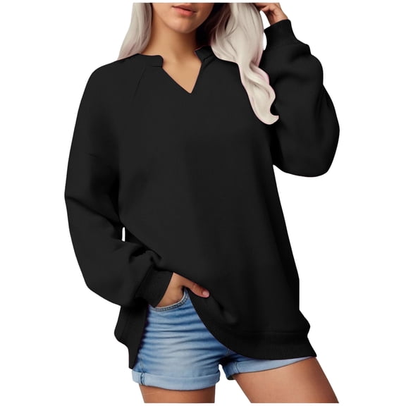 idosla Women Casual Long Sleeve V Neck Sweatshirts Cute Loose Fit Lightweight Pullover Tops (Black, XXL)
