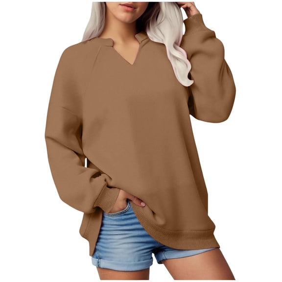 idosla Women Casual Long Sleeve V Neck Sweatshirts Cute Loose Fit Lightweight Pullover Tops (Brown, S)