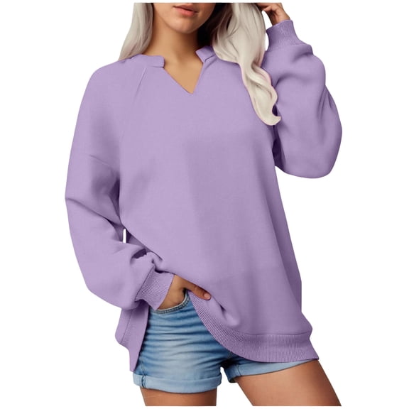 idosla Women Casual Long Sleeve V Neck Sweatshirts Cute Loose Fit Lightweight Pullover Tops (Light Purple, XL)