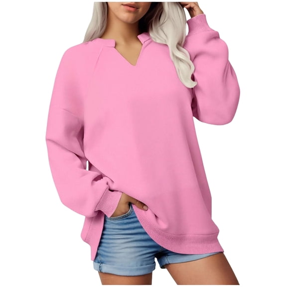 idosla Women Casual Long Sleeve V Neck Sweatshirts Cute Loose Fit Lightweight Pullover Tops (Pink, 3XL)